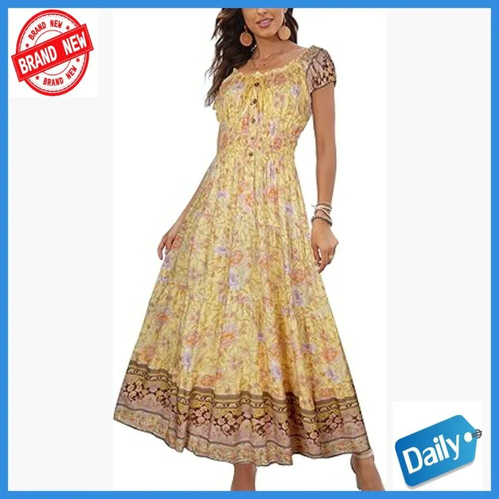 Boho Floral Maxi Dress with Scoop Neck, Tiered A-Line Summer Casual